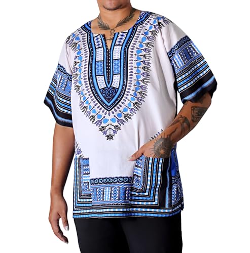 Catálogo de Ropa de Hípica de esta semana. 42 DA'IKI Dashiki - Camisa de algodón africana tribal kaftán boho caftán unisex, Dashiki - Blanco Azul Oscuro, S