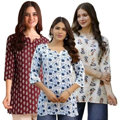 Image of Women's Printed Short Kurti Tops Rayon Cotton Blend Tunic Combo