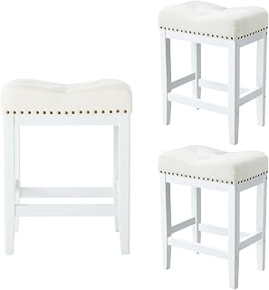 Bar Stools Set of 3,Fabric Saddle Square Stools,24 Inch Counter Height Barstools,Easy to Assemble,White Linen+White Wood Legs
