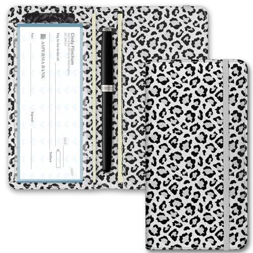 Image of Checkbook Cover for Men Women, Premium Leather Checkbook Holder with RFID Blocking and Built in Clear Plastic Divider for Personal and Business Checks (Leopard-White)