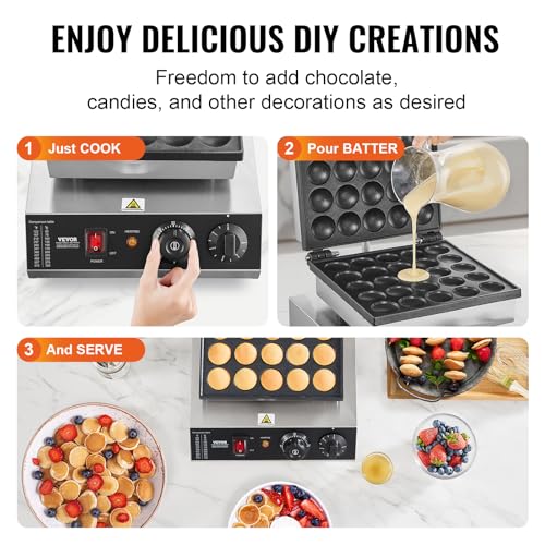 VEVOR Mini Dutch Pancake Maker, 25PCS 43mm Diameter Dorayaki Baker Machine, 1700W Commercial Electric Poffertjes Grill, Non-stick Stainless Steel, Temp & Time Control, for Home Kitchen Restaurant by VEVOR - Image 6