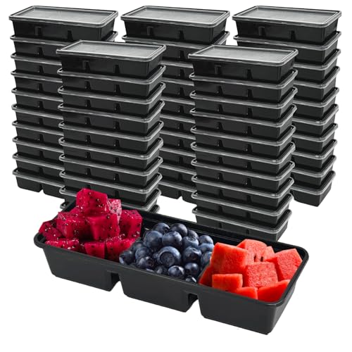 50pcs 16oz Meal Prep Containers with 3 Compartments with lids, Premium Disposable Plastic Bento Boxes, Stackable Food Containers Travel Snack, Dessert, Lunch Boxes for Office, Picnic, Microwave Safe