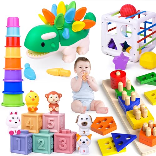 Image of HOPEEYE 6 in 1 Montessori Toys for 1 Year Old Boys, Baby Toys 6-12 Months, Silicone Stacking Blocks & Cups & Storage Bin & Animals Toy, Wooden Stacking Toys, Dinosaur Toy, Gifts for 1 Year Old Girls