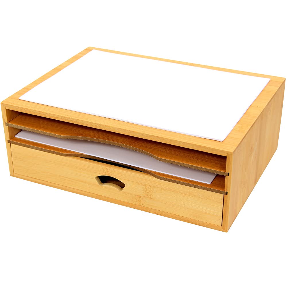 Woodquail Printer Monitor Stand, Desk Tidy Organiser with Drawer, Made of Natural Bamboo