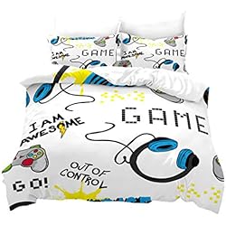 Colchas Adolescentes Juego de Cama de Impresión de Creative Gamer Funda de Almohada Funda Nórdica 3D Gamepad de Controlador de Juego Electrónico Edredón para Niños Chico Adolescente (Blanco, 180x210cm Cama 90 cm)