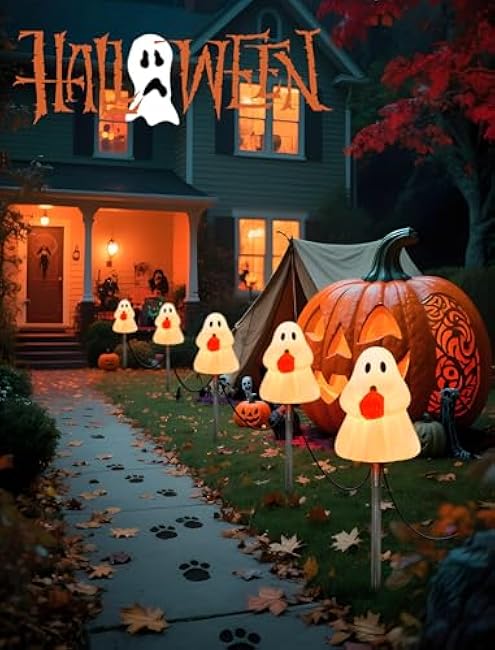 7Ft Halloween Ghost Pathway Lights Outdoor, C7 Connectable Halloween Decoration Markers Stake String Lights with 4 Elves Holding Pumpkin Walkway Lights, Plug-in Night Lights for Yard Patio Garden Lawn
