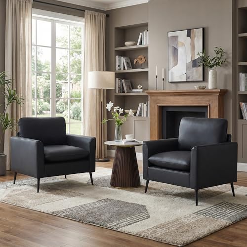 Image of TYBOATLE Accent Chairs Set of 2, Black Faux Leather Chairs, Mid Century Modern Comfy Living Room Chairs, Cozy Office Reading Chair, Reception Armchairs for Bedroom, Waiting Room