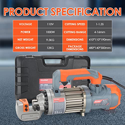 Image of 5 /8 Inch Electric Hydraulic Rebar Cutter, Portable Rebar Cutter, Cutting up to 4-16mm #5 Rebar, Cutting Speed 1-1.5S 1000W RC16B (Grey + Orange)
