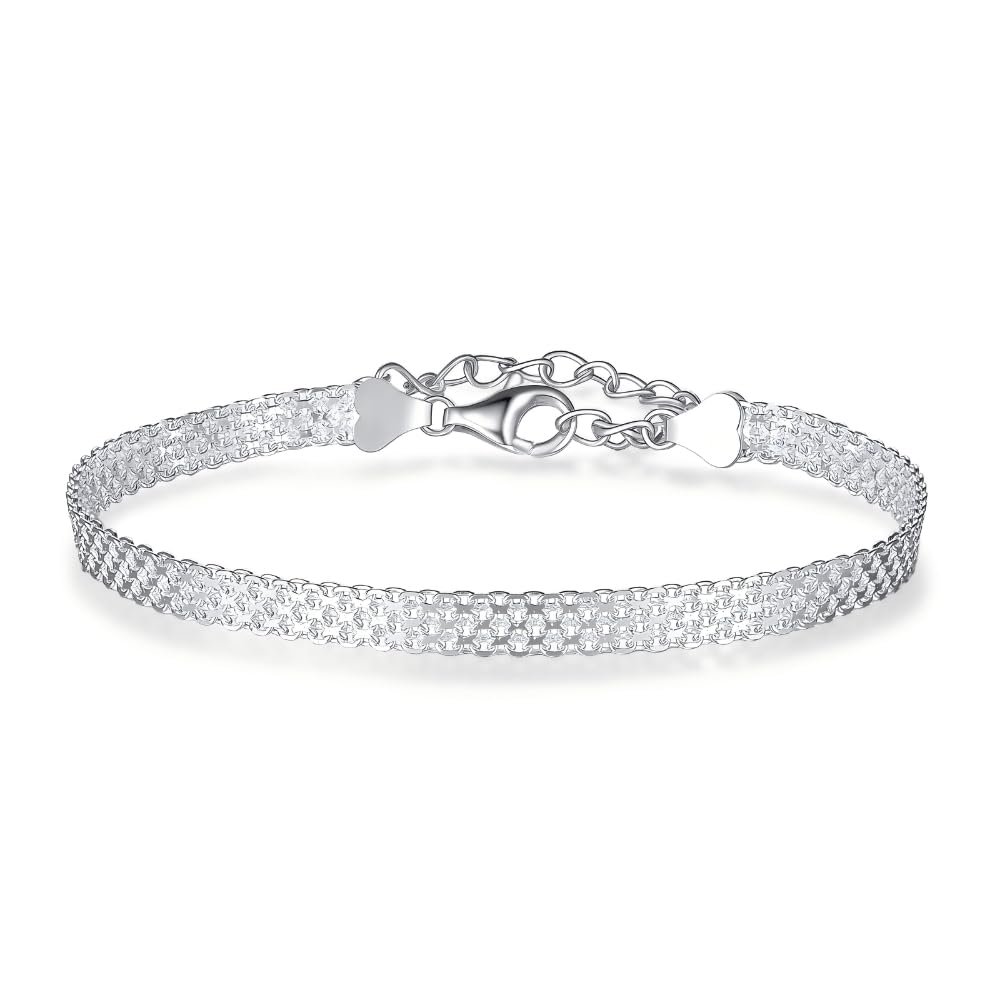 ECHZI 14K Gold Plated 925 Sterling Silver Mesh Chain Bracelet - Elegant Embossing Pattern Sparkling Hand Jewelry for