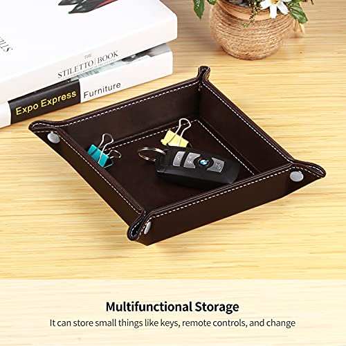 Image of YAPISHI Key Dish Bowl for Men, Entryway Catchall Holder Bedside Table Valet Tray for Pocket Stuff, PU Leather Nightstand Organizer for Dice /Coins /Wallet /Watch /Rings /Sunglasses, Dresser /Coffee Table
