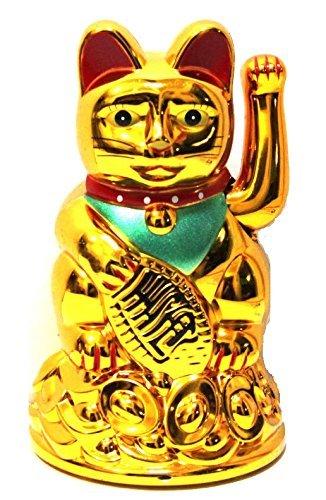Battery Powered GOLD Lucky Beckoning Waving Wealth Cat Kitty Maneki Neko 4" tall MK9904