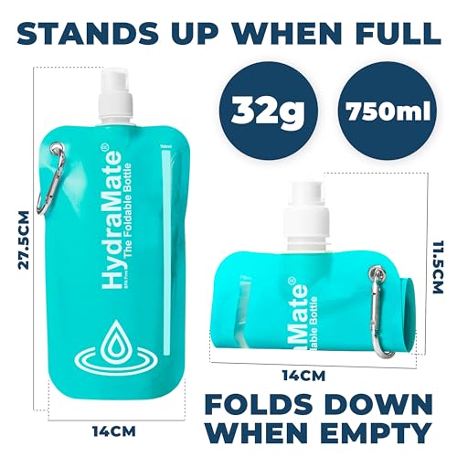 HydraMate Faltbare Trinkflasche 750ml Wiederverwendbare Faltbare Wasserflasche. Zusammenklappbare, Leichte, Flexible, Rollbare, BPA FREIE. Wasserbeutel Nachfüllbar Mit Karabinerhaken. Aqua