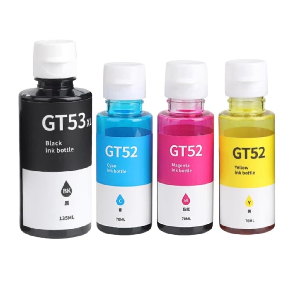 gt53 xl black ink bottle (135ml) & gt52 cyan, magenta, yellow ink bottles (70ml each) combo pack | high yield ink refill for hp ink tank printers (gt53xl=st)