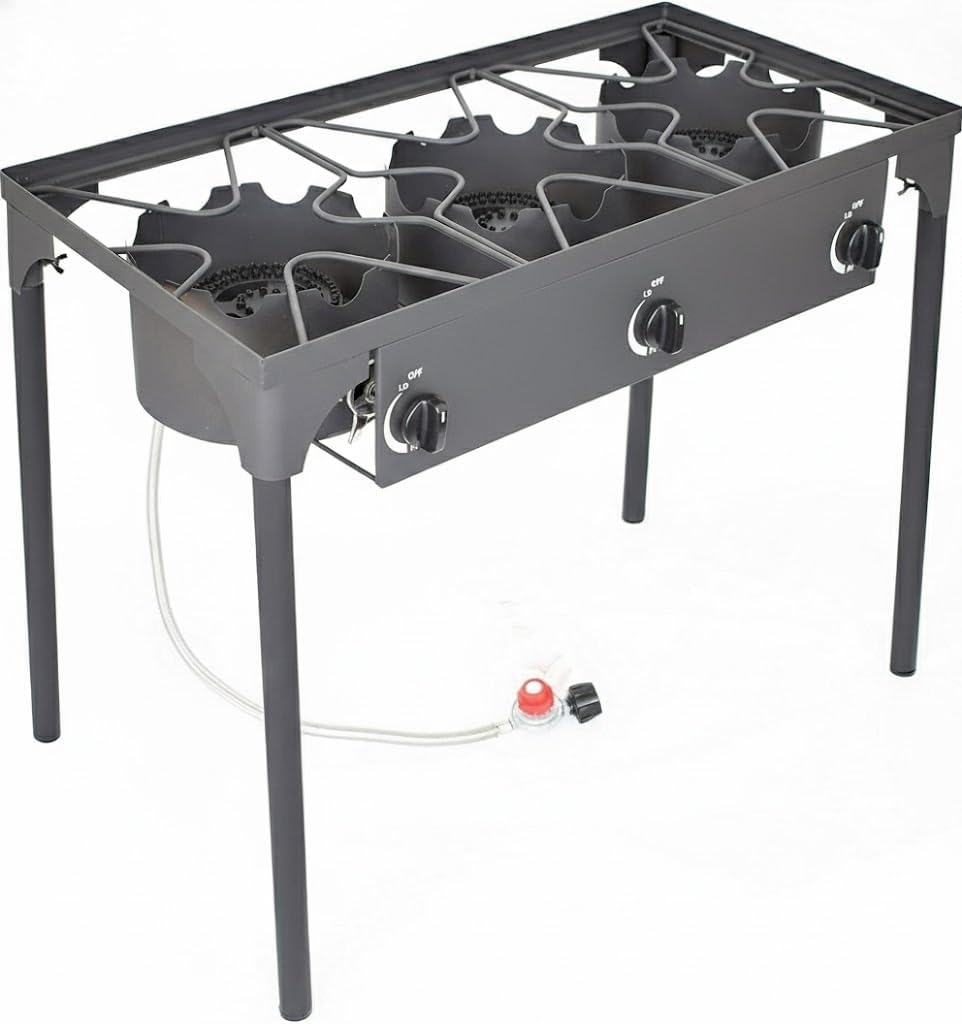 High Pressure Banjo Outdoor Camp Stove with Adjustable Height. 0-20 PSI Adjustable Regulator and Steel Braided Hose (3-Burner)