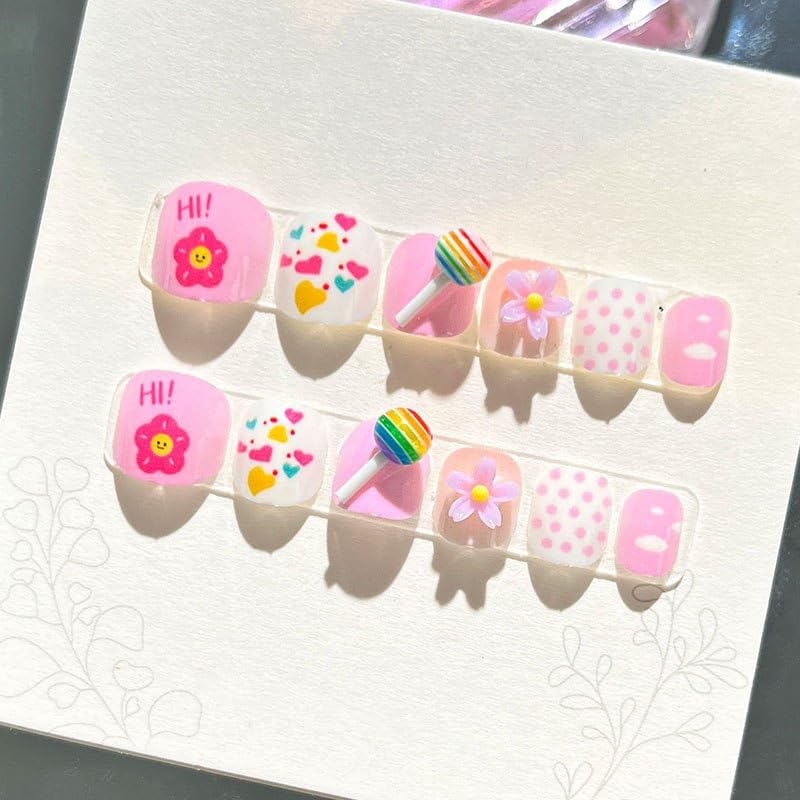 Girl's 12PCS Short Oval nails with Animal Crossing-Inspired Designs, 3D Cartoon Press On Kawaii Gel Stick-On Nail for Kids & Girls, Multi-Color Multidesign Nail Cute Art Set