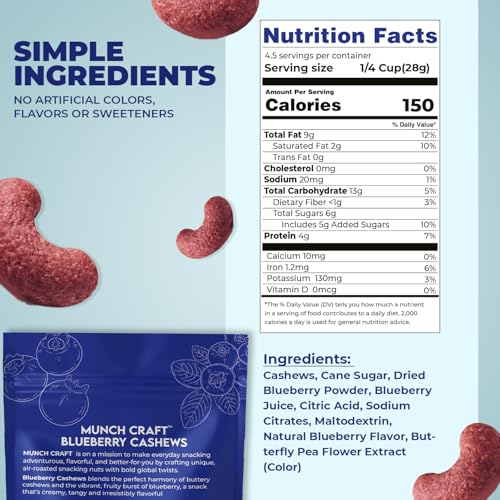 Image of Munch Craft Gourmet Blueberry Cashews - Perfectly Balanced Flavor (Tangy Berry & Buttery) - Extra Crunchy Air-Roasted Nuts, Oil-Free - No Artificial Colors or Flavors - 4.4 oz (125g) Resealable Bag