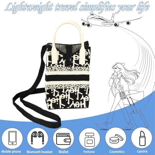 Knit Lightweight Small Crossbody Bag phone purses with crossbody strap Black and white color simple cell phone wallets for women3