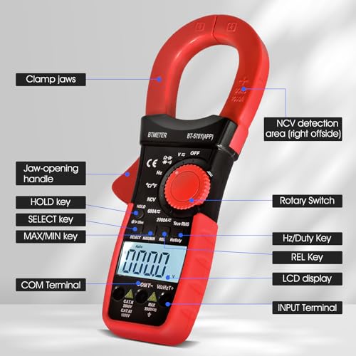 Image of BTMETER Digital Clamp Meter Multimeter, 6000 Counts Bluetooth Multimeter, 2000A AC /DC Amp Tester, Measures Voltage, Ohms, Capacitance, Frequency, Temperature, NCV with Data Logging 570Y-APP