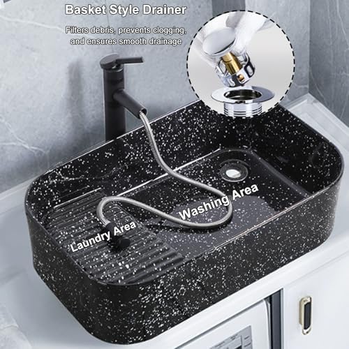 Rectangular Ceramic Laundry Sink with Washboard, Pull-Out Faucet & Drain Set for Bathroom, Laundry Room & Balcony - 60.5x38.5x16cm (23.8x15.2x6.3in)