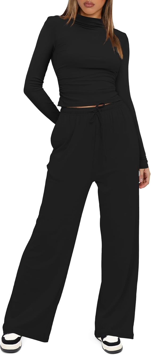 Darong Women's 2 Piece Outfits Lounge Sets Long Sleeve Mock Neck Tops High Wasited Wide Leg Pants Tracksuit Sets - Image 2