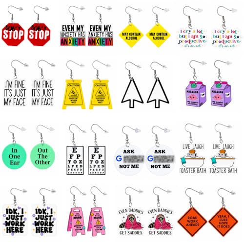 16PC Funny Earrings Fun Crazy Cute Silly Odd Weird Nerdy Wacky Funky Quirky Sarcastic Hilarious Sayings Quotes Dangle Earring Novelty Unique Trendy Gifts for Women Office Coworker Work