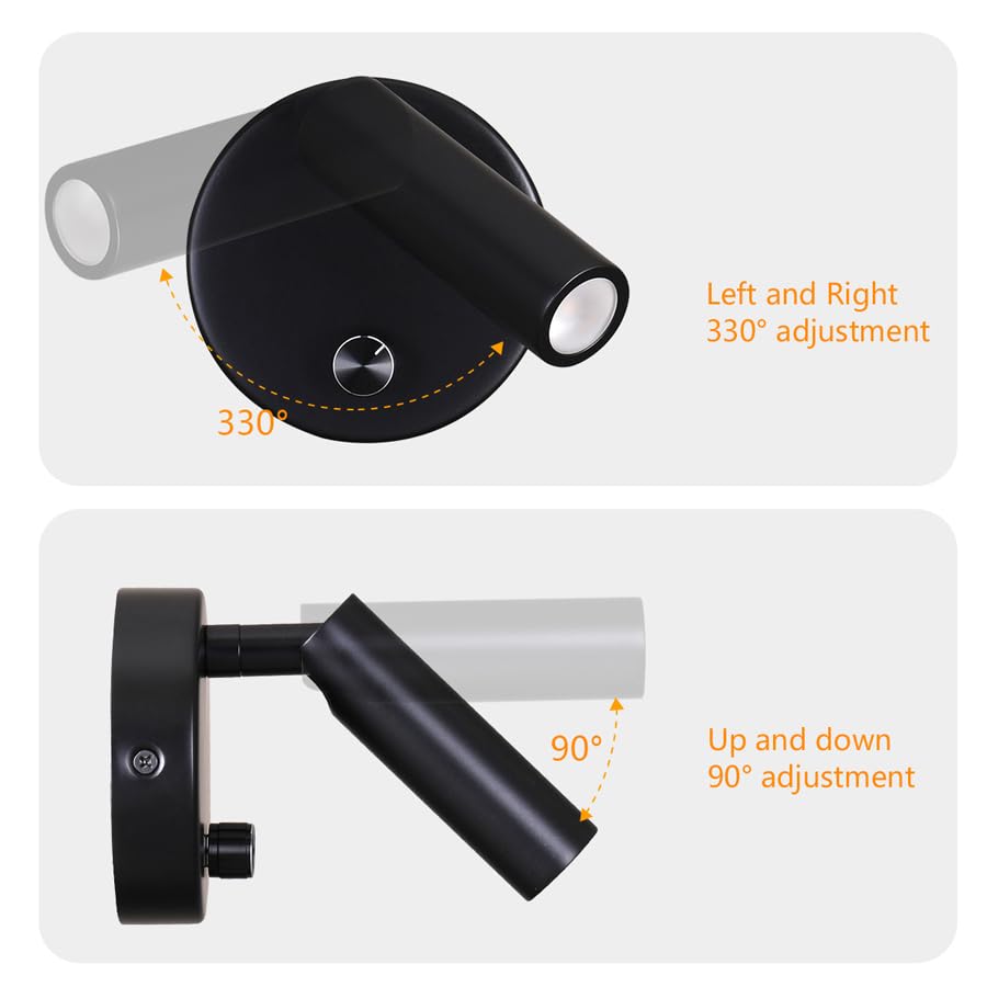 Image of Surface Wall Mounted Reading Light Sconces Lamp Physical Knob Dimmer Switch LED 5W Warm White 3000K (Black Hardwire)