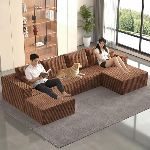 Image of 138 inch Modular Sectional Sofa, U-Shaped Cloud Couch with Deep Seats & Chaise, Convertible 4-in-1 Corduroy Boneless Couches for Living Room, No-Assembly - Brown (Right Facing Chaise)