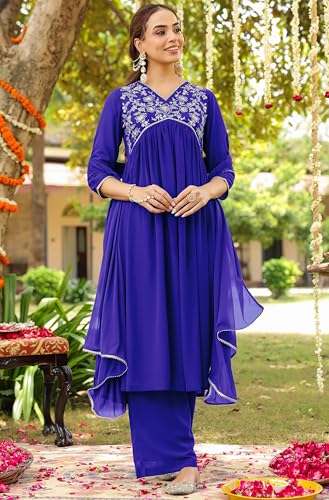 Image of Janasya Women's Georgette Zari Yoke Embroidered A-line Kurta Set