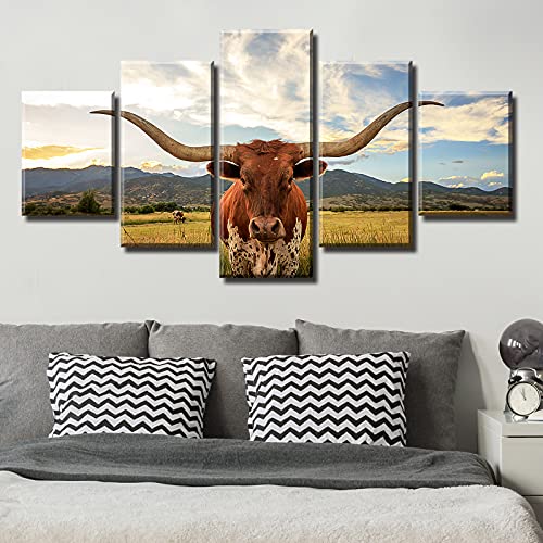 Jiazugo Highland Cow Canvas Prints Wall Art Modern Texas Longhorn Steer Animal Pictures Painting Artwork Decor For Farmhouse Living Room Bedroom Home Office, Ready To Hang, 5 Panels, 60" W × 32" H #TOP4