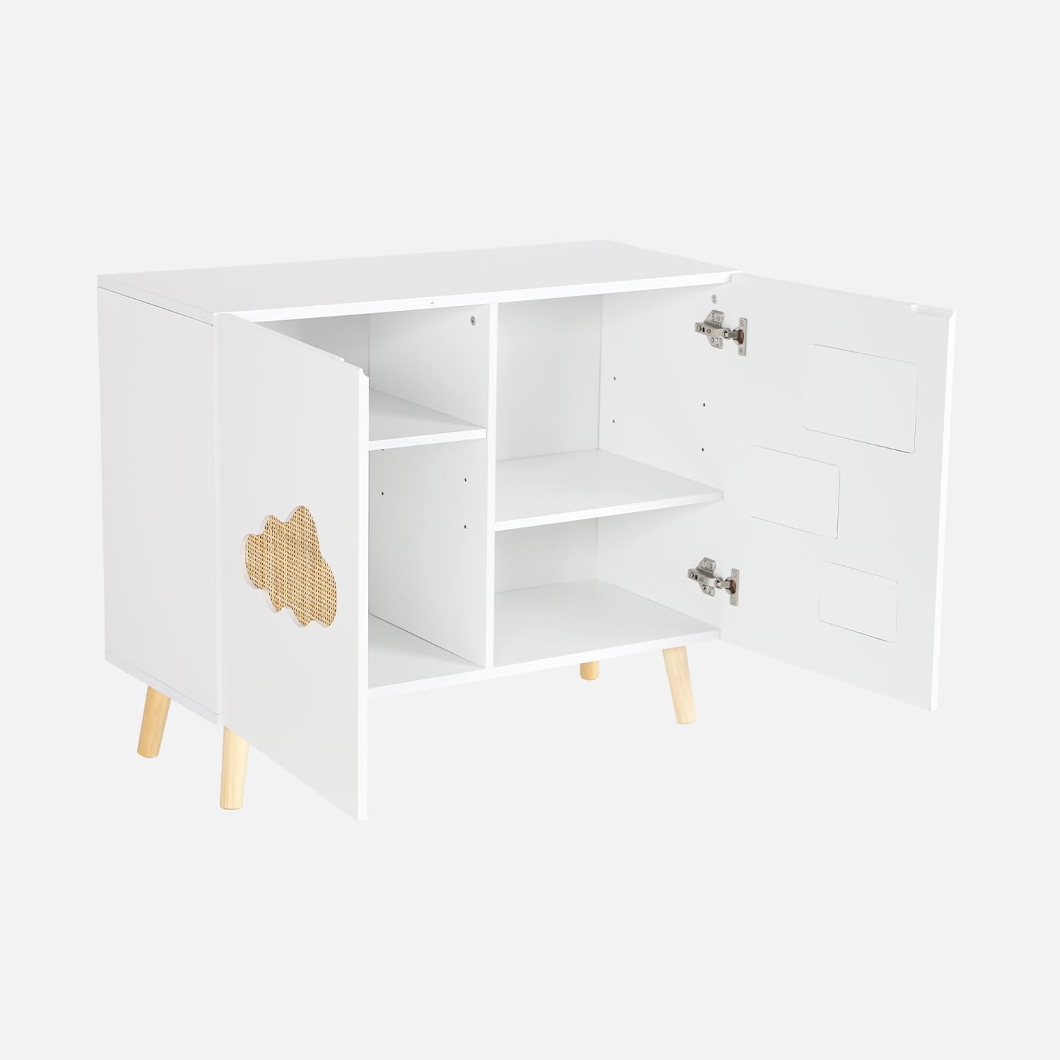 sweeek - Commode Enfant. Blanc. 2 Portes avec Nuages en cannage. 2 étagères