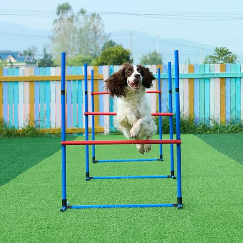 VEVOR Agility Set Hunde, 4-teiliges Set – verstellbare hohe Hürden und Sprungring, Welpen-Hindernisparcours-Starter-Set mit Stangen-Aufbewahrungstasche für Hinterhof, drinnen, draußen