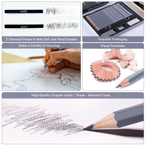 HNIHUY Professional Sketch Pencils Set, 17 Pcs, Graphite Pencils (8B-4H), Erasers and Sharpener, Art Drawing Pencil for Artists Beginner Sketching - Image 5