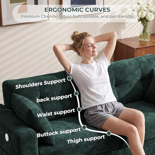 Image of 70 inch Loveseat Sofa for Living Room, Chenille Cloud Couch with USB /Type-C Charging Ports, Side Pockets, Removable Cover, Wide Armrests, Small Couch for Small Space, Easy Assembly, Dark Green
