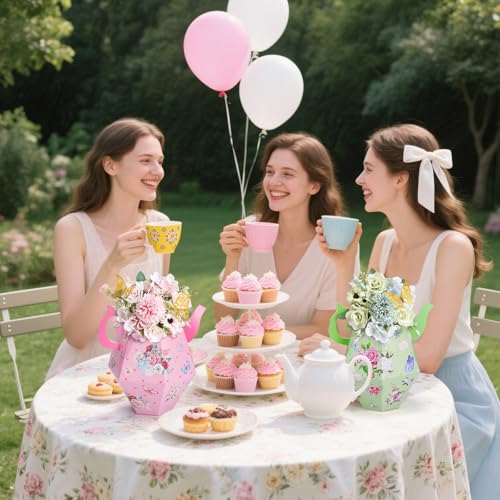 12 Pcs Tea Party Decorations, Flower Boxes Centerpiece Floral Teapot Vase Table Decor with 24 Pcs Butterflies for Birthday Baby Shower Bridal Wedding Princess Tea Party Decorations Supplies