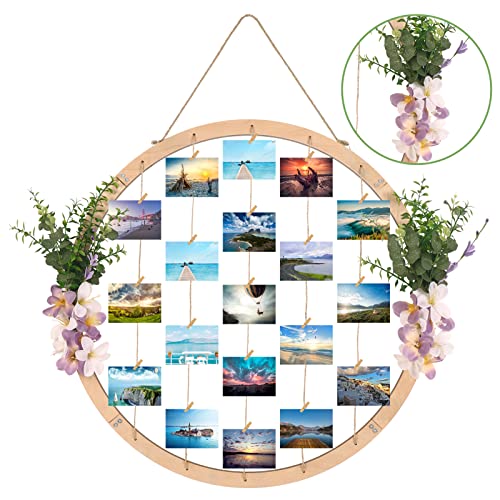 Image of Super Holiday Large Round Wooden Picture Frames - 60CM/23.62" Artificial Flower/Eucalyptus Hanging Display Board Photo Frames Collage Wall Decor, for Spring Summer Mother's Day Grandma Christmas