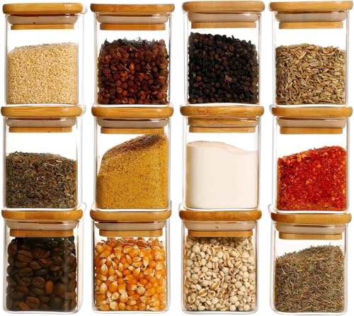 Image of Glass Storage square Containers with Lids Glass Jars with Lids,230 ml Clear Food Canister, Pantry jar set of 12(12, SQUARE BAMBOO LID GLASS JAR 230 ml-)