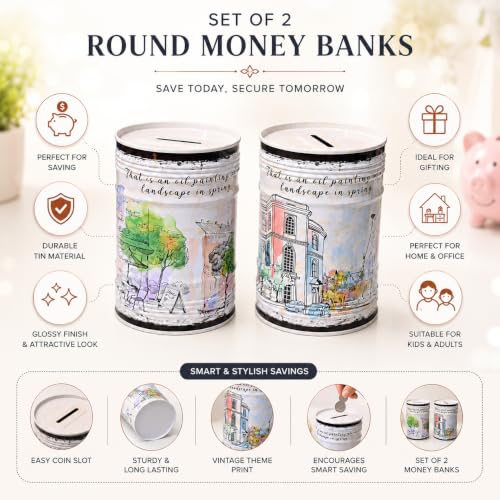 Image of Market99 Set of 2 Round Money Banks | White Tin Coin Banks with Glossy Finish & Vintage Theme Print | Decorative Piggy Banks for Kids, Adults, Home & Office | Ideal Gift & Savings Accessory