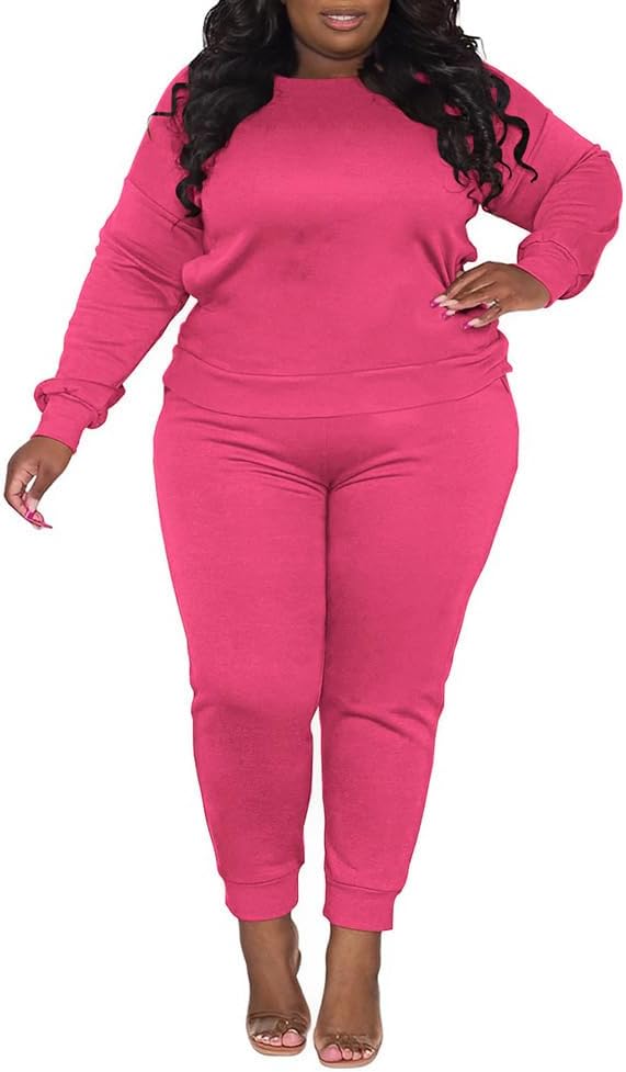 HBQ Plus Size Two Piece Outfits For Women Casual Round Neck Jogging Sets Long Sleeve Tracksuit With Pockets