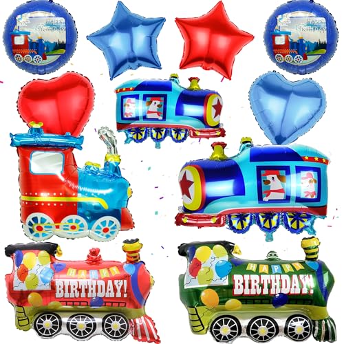 Lot de 11 ballons gonflables à l'hélium, en forme de train à vapeur, en forme de train, rouge, bleu, vert, ballons Happy Birthday, bus scolaire, ballons...
