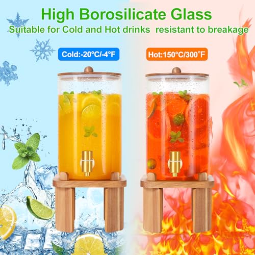1 Gallon Glass Drink Dispensers: Beverage Dispenser For Parties With Wood Stand, Large Water Drink Dispensers With Stainless Steel Spigot, Ideal for Lemonade,Juice, Tea, and Party Drinks