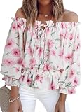 BLENCOT Womens Summer Tops Sexy Off Shoulder Front Knot Ruffled Blouses Casual 3/4 Sleeve Floral Regular Pullovers X-Large