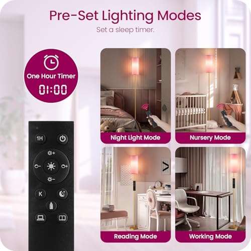 Image of Dimmable Pink Floor Lamp for Living Room with Remote and Foot Switch, Corner Floor Lamp, 64.4'' Standing Tall Lamp, 10W 900LM Bulb Included, 3000K-6500K, Linen Shade, Gold Pink, FCC Listed DP06LD05W1