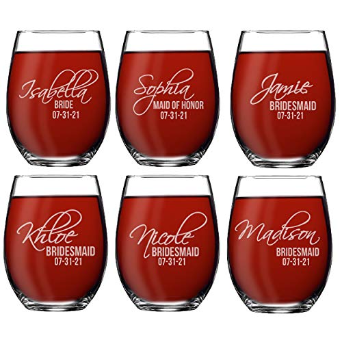 Set of 1, 2, 3, 4, 5, 6, 7, 8 Custom Etched Bride, Bridesmaid Stemless Wine Glasses - Personalized Wedding Party Glass Gifts - Feather Tip Style (6)