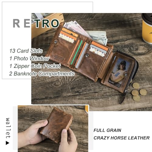 Contacts Crazy Horse Leather Wallet for Men Travel Bifold Wallets Trifold Purse Vintage Card Holder Zipper Coin Pocket with 13 Card Slot3