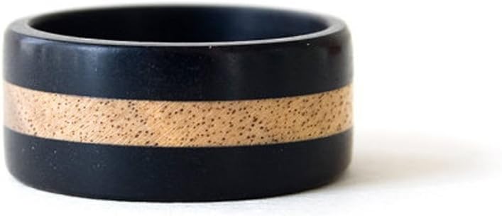 Ebony and Walnut Wood Ring - Black and White Wooden Wedding Band, Handmade Natural Ring for Her