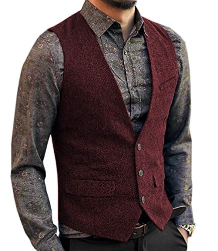 Aesido Gilet pour homme coupe ajustée en laine tweed à chevrons col en V Gilet formel pour mariage garçon d'honneur - Rouge - X-Large Cover