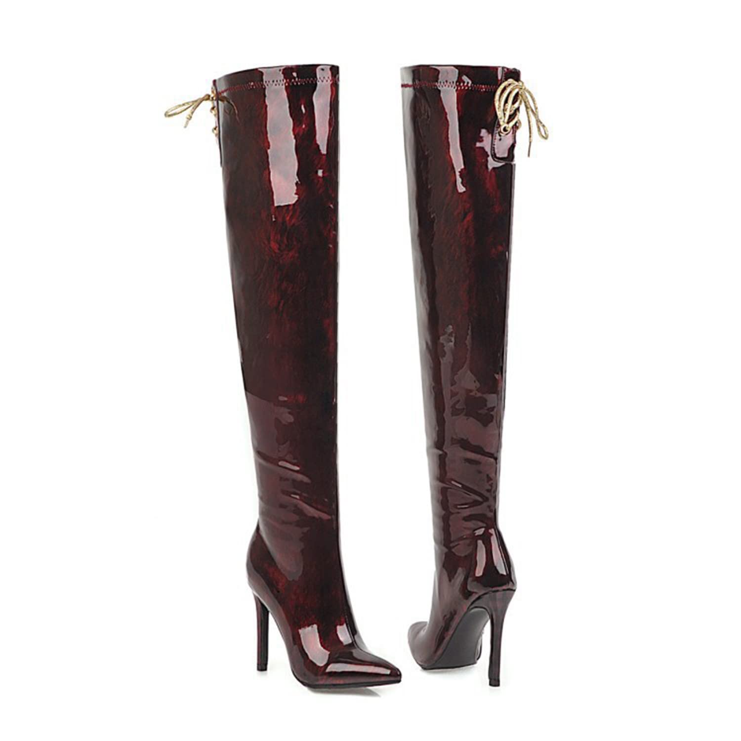 WOilERQ Cuissardes pour Femmes en Cuir Verni sur Les Bottes au Genou Zip latéral Bout Pointu Talon Haut et Fin Mode Sexy Automne Hiver Stiletto Bottes Hautes,Rouge,44