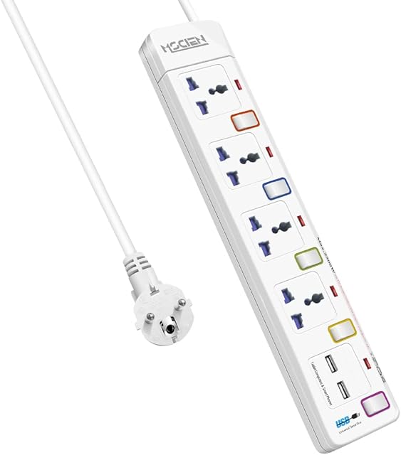 Mscien 4 Way Extension lead with 2 USB Power Strip with 1.8M Extension Cord