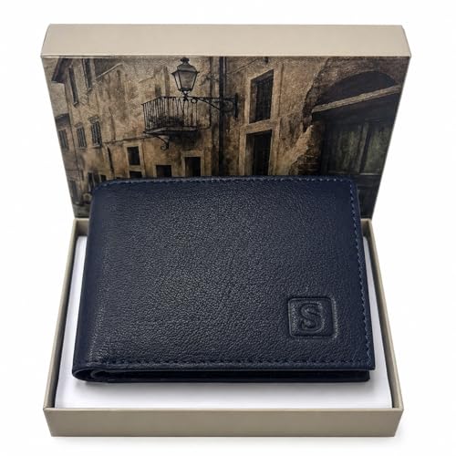 Image of SOVANO Genuine Leather Wallets for Man Original Bi Fold Slim Mens Wallets Design with RFID Protection ID Window Easy Access 6 Card Slots 2 Hidden Pockets Compact Gift for Men (Navy Blue)
