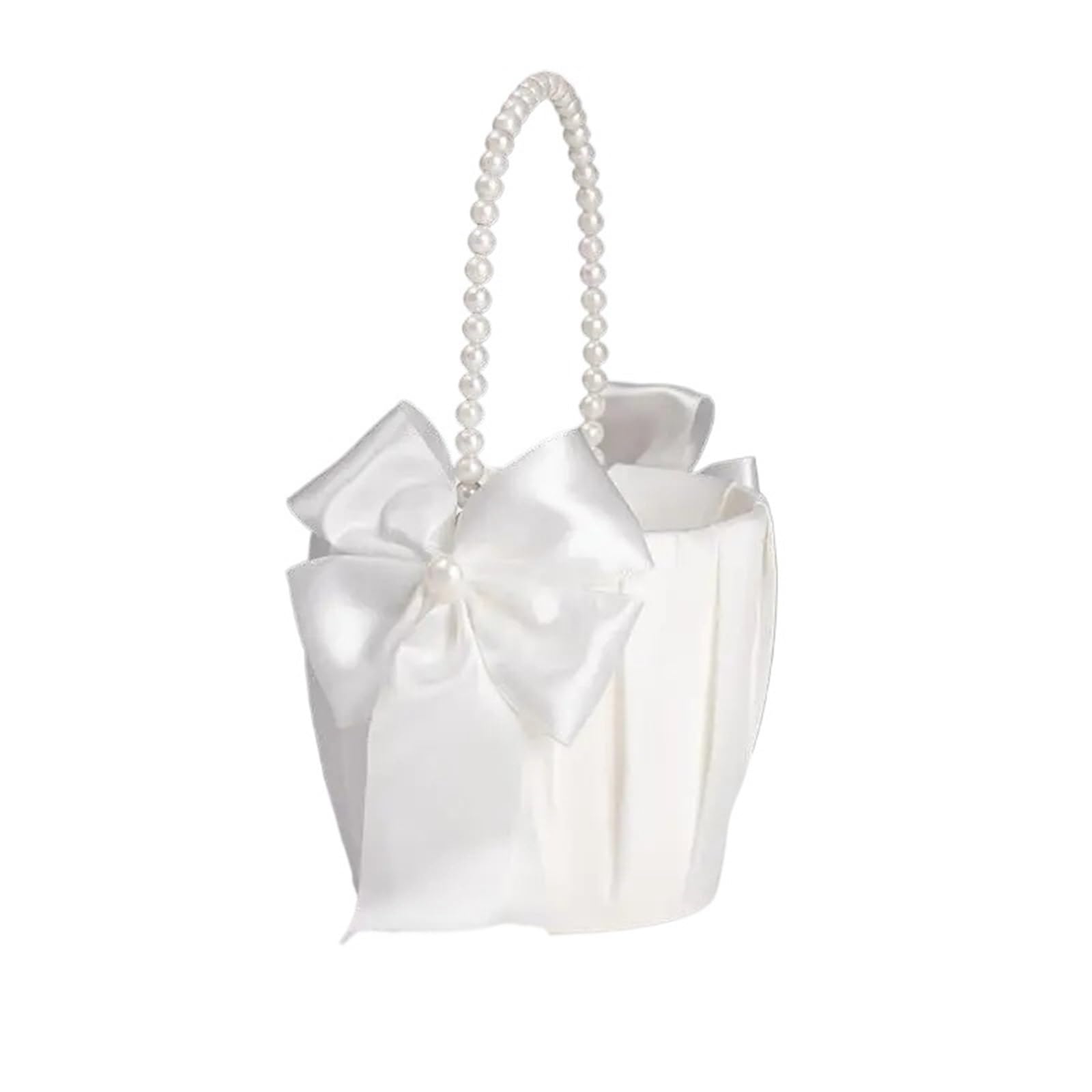Flower Girl Bow Basket White Satin Pearl Knot